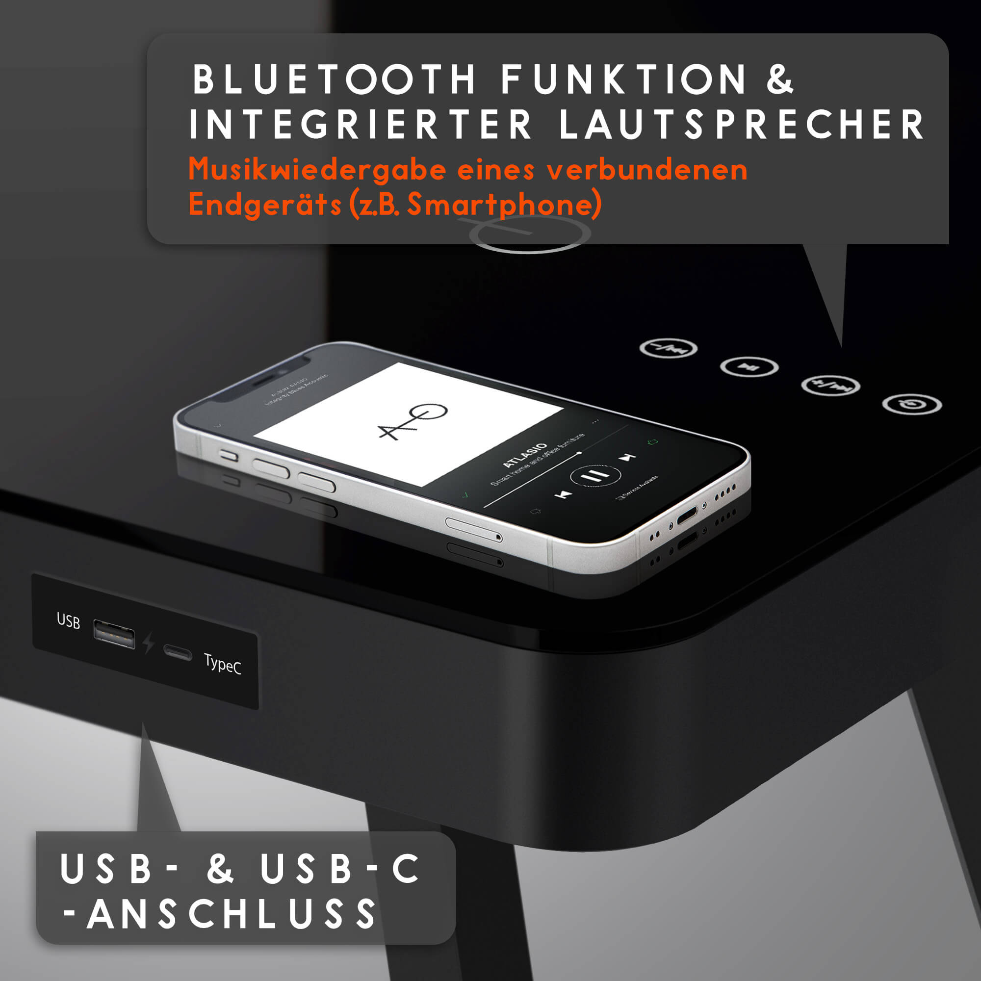 Design Schreibtisch mit Lautsprechern & Wireless Charger